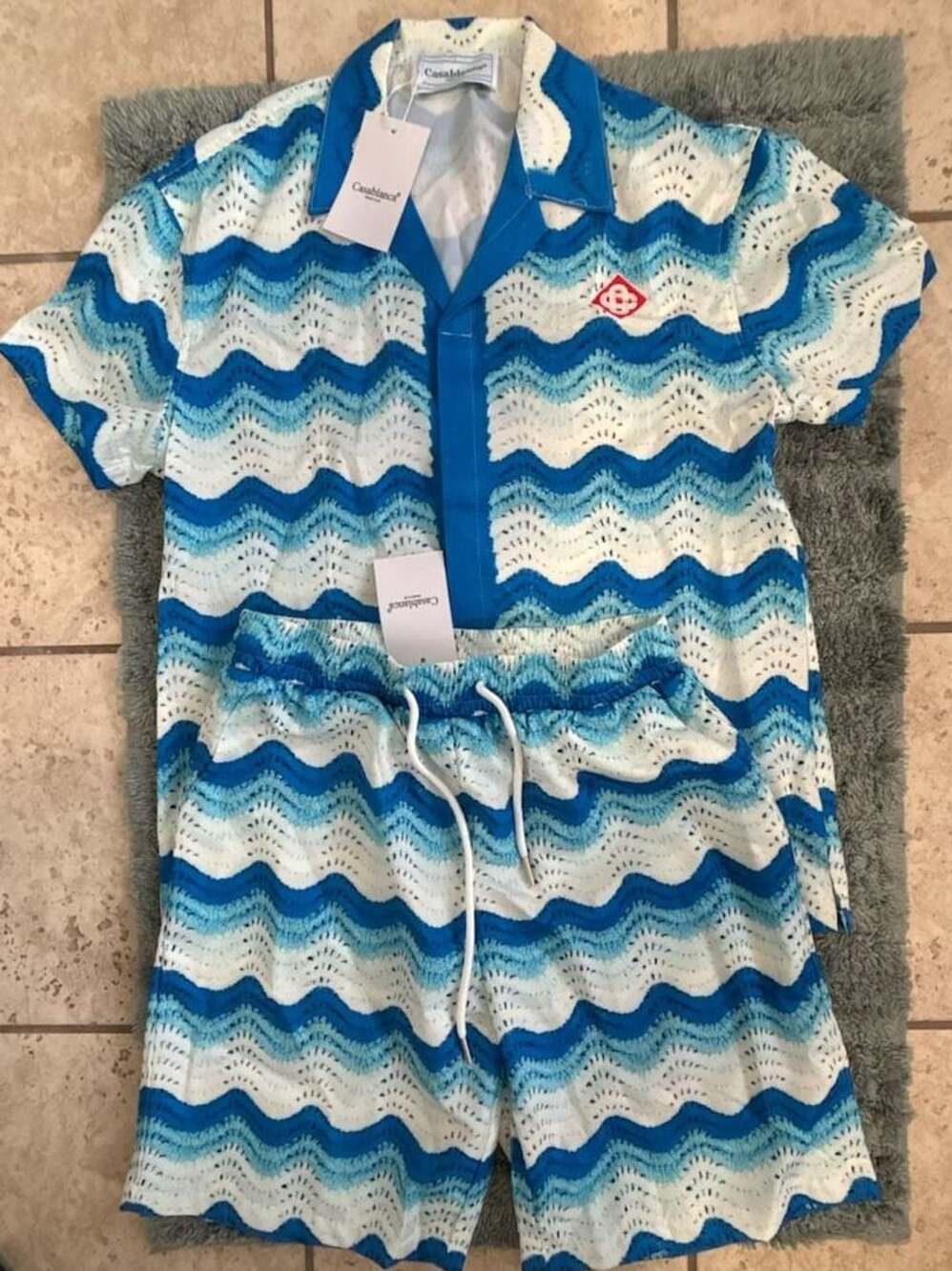 Casablanca Men's Blue Gradient Wavy Crochet Shirt and Shorts Set